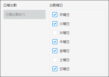 スクリーンショット：出勤曜日フィールドで「日曜日」にチェックが付いているため、「日曜出勤あり」が自動で表示されている