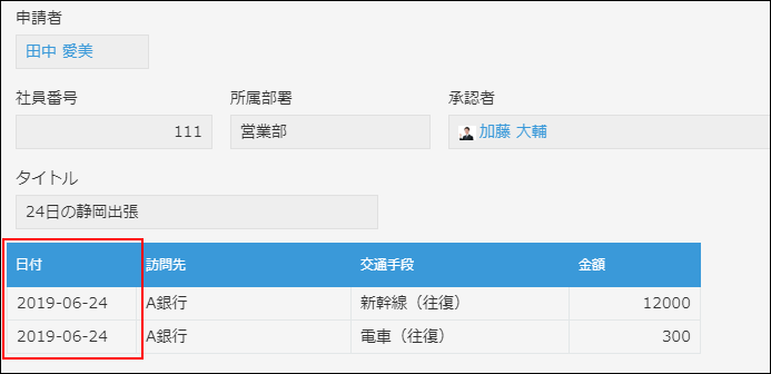 スクリーンショット：活動日を入力するフィールドとして日付フィールドを使用している例