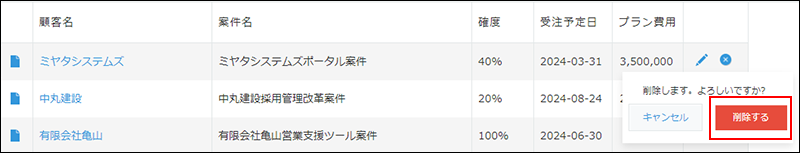 スクリーンショット：[削除する]アイコンをクリックしたあとに表示される[削除する]ボタンを枠線で強調