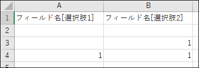 スクリーンショット：選択された項目の値が、選択肢ごとの列に分かれてファイルに出力されている