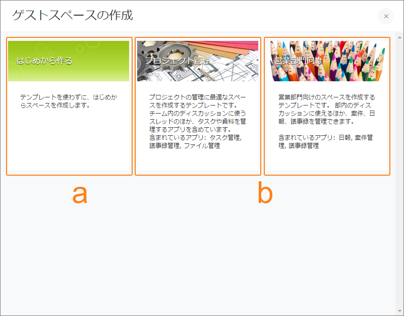 スクリーンショット：ゲストスペースを作成する方法の選択肢が表示されている