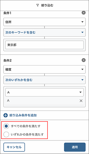 スクリーンショット：「すべての条件を満たす」「いずれかの条件を満たす」を枠線で強調している