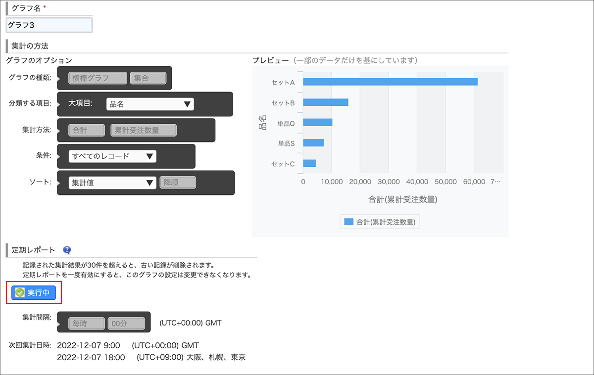 スクリーンショット：「定期レポート」の項目に、[実行中]と表示されている