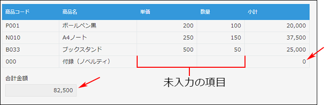 スクリーンショット：計算対象に未入力の項目があっても計算結果が表示されている